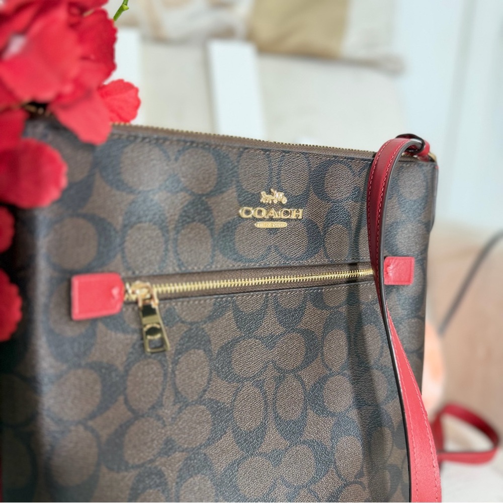 🌼 COACH 🌺 Rowan File Bag Signature Brown and Red Crossbody leather strap - Picture 3 of 16